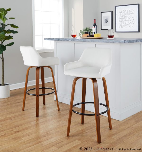 Daniella 30 Walnut and White Velvet Swivel Barstool Set of 2