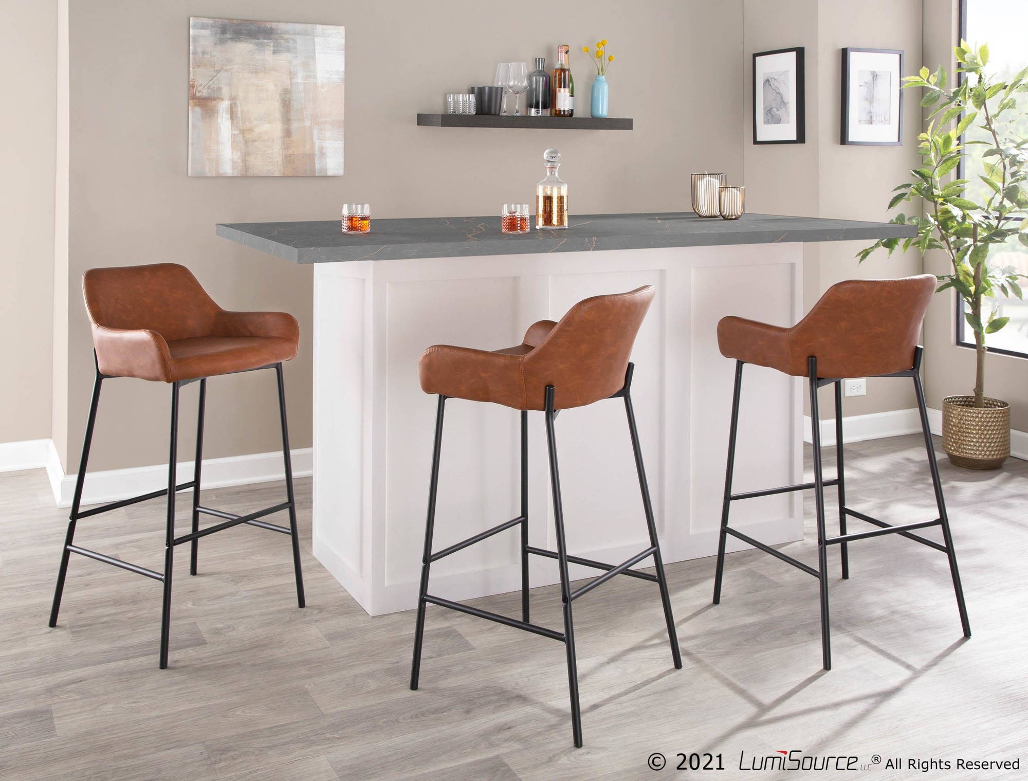 Daniella Black Metal Camel Faux Leather Bar Stools (Set of 2) 1 Daniella Black Metal Camel Faux Leather Bar Stools (Set of 2)