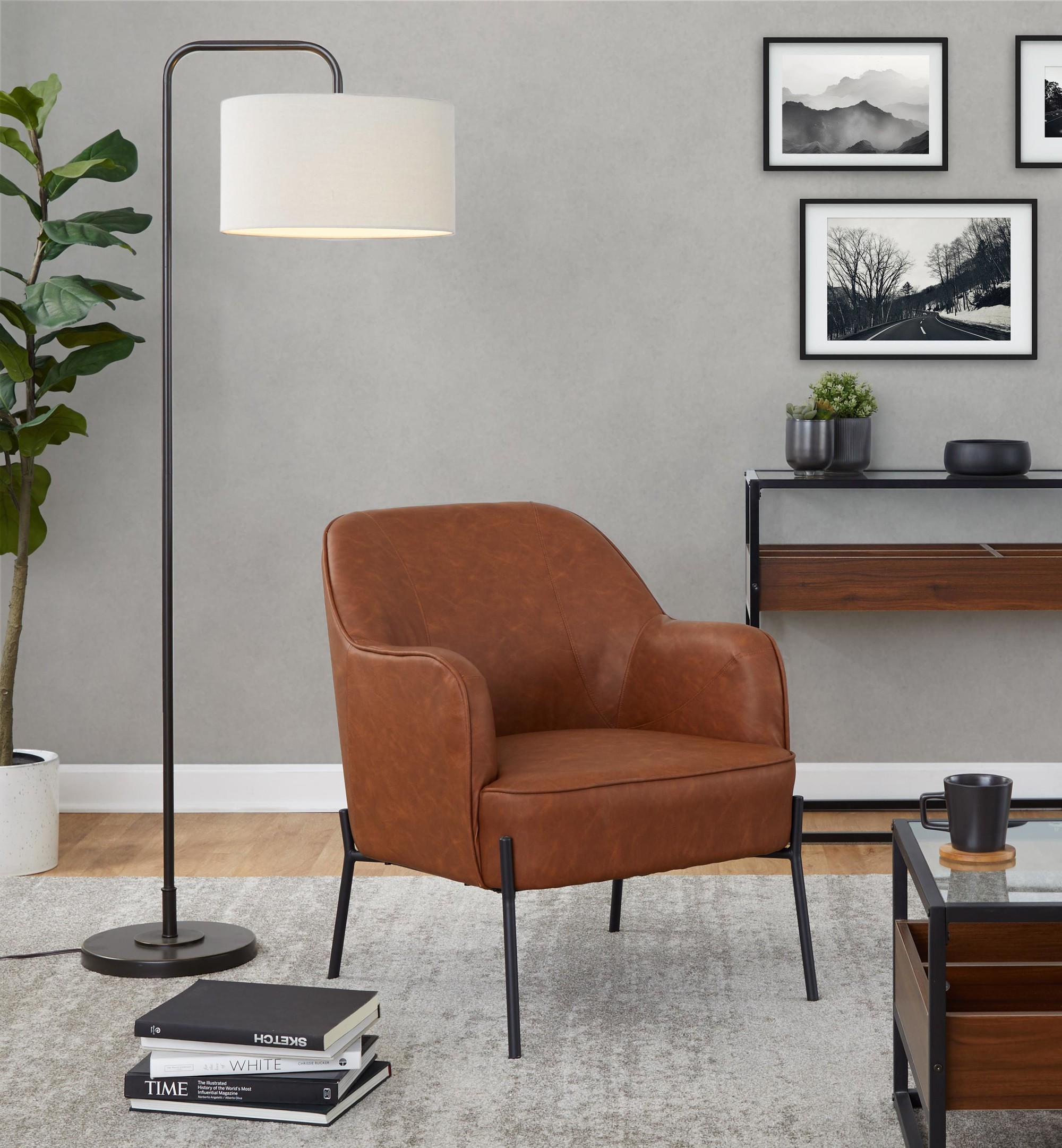 Daniella Black Metal Camel Faux Leather Contemporary Accent Chair 1 Daniella Black Metal Camel Faux Leather Contemporary Accent Chair