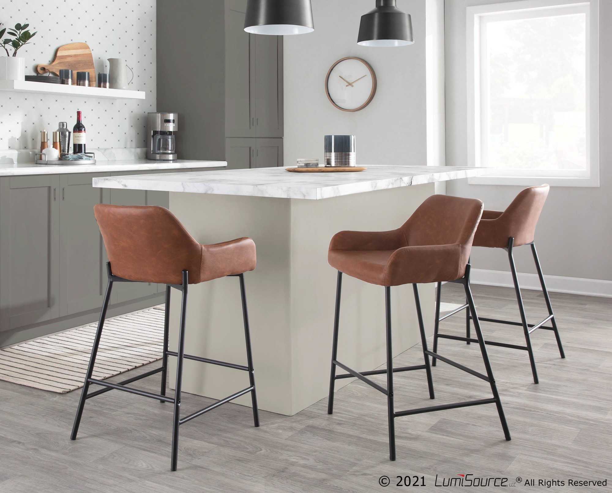 Daniella Black Metal Camel Faux Leather Counter Stools (Set of 2) 2 Daniella Black Metal Camel Faux Leather Counter Stools (Set of 2) - Image 2