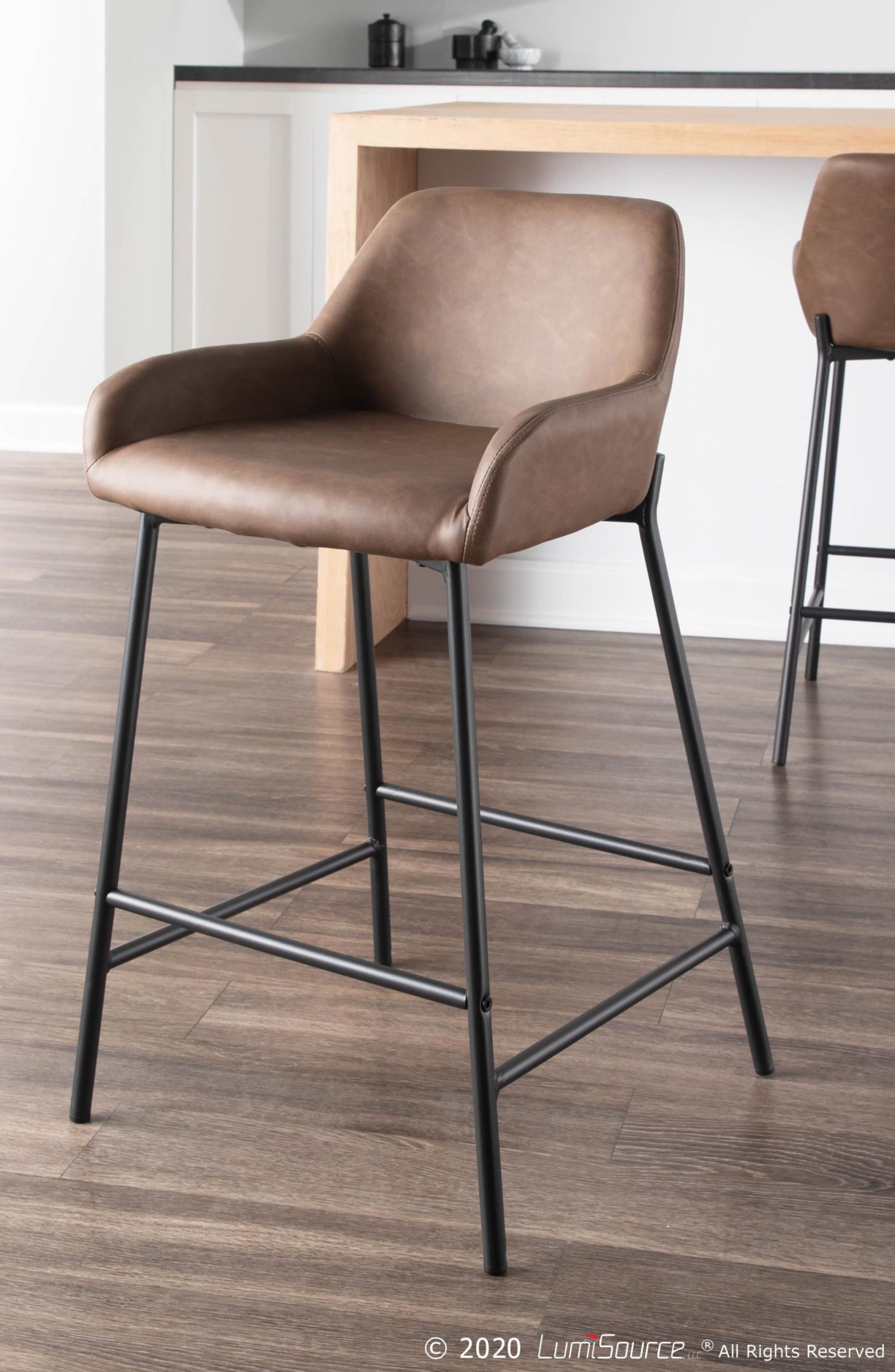 Daniella Black Metal Espresso Faux Leather Counter Stools (Set of 2) 2 Daniella Black Metal Espresso Faux Leather Counter Stools (Set of 2) - Image 2