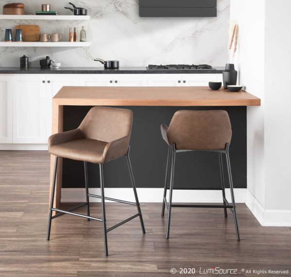 Daniella Black Metal Espresso Faux Leather Counter Stools Set of 2
