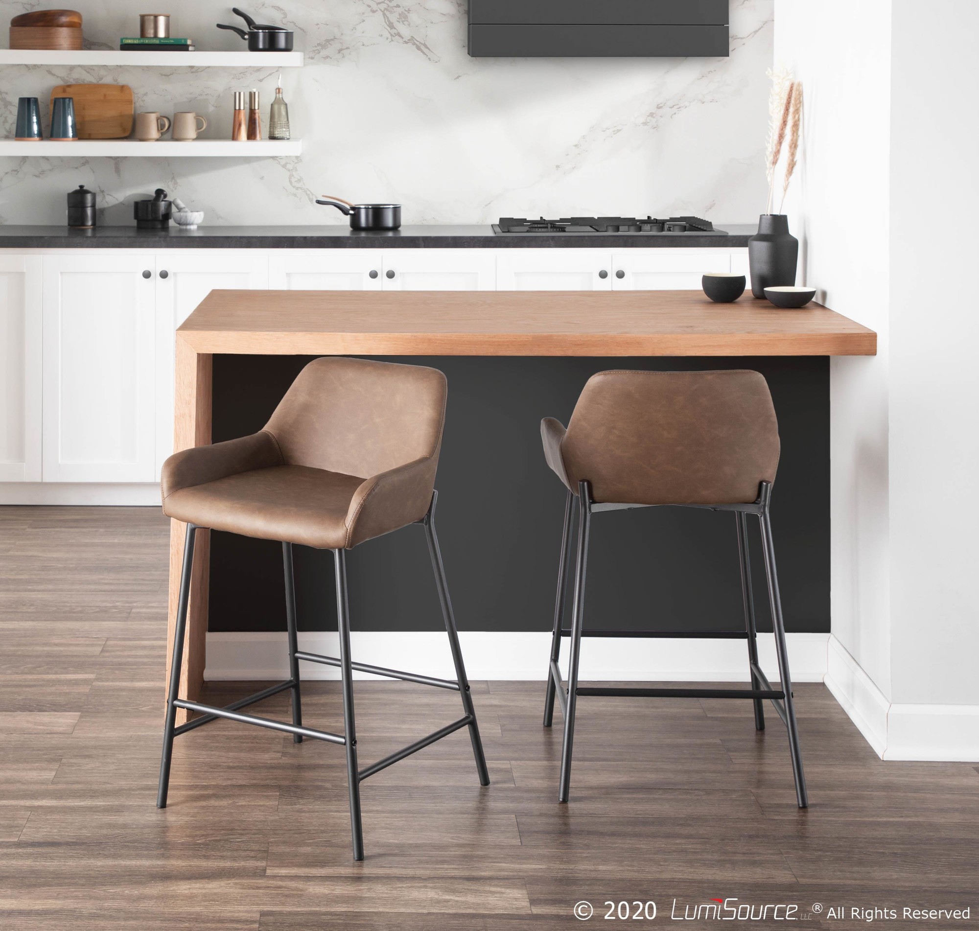 Daniella Black Metal Espresso Faux Leather Counter Stools (Set of 2) 1 Daniella Black Metal Espresso Faux Leather Counter Stools (Set of 2)