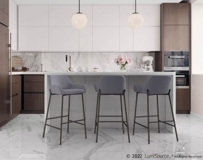 Daniella Black Metal Grey Faux Leather Bar Stools (Set of 2)