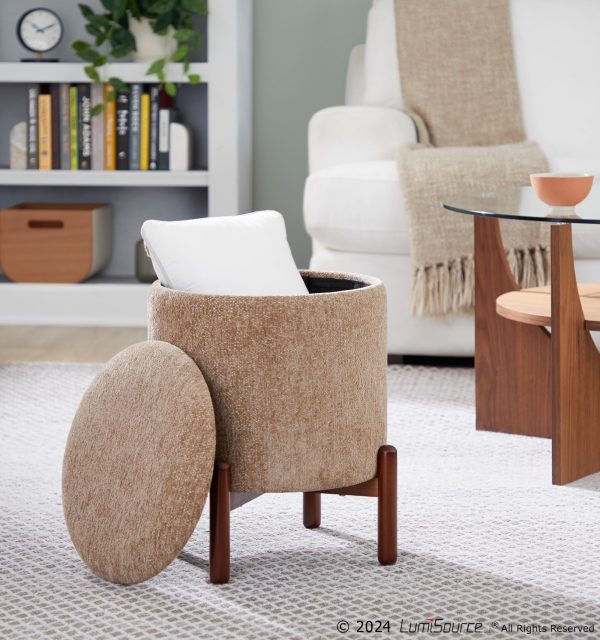 Daniella Brown Fabric Walnut Wood Contemporary Storage Ottoman 1