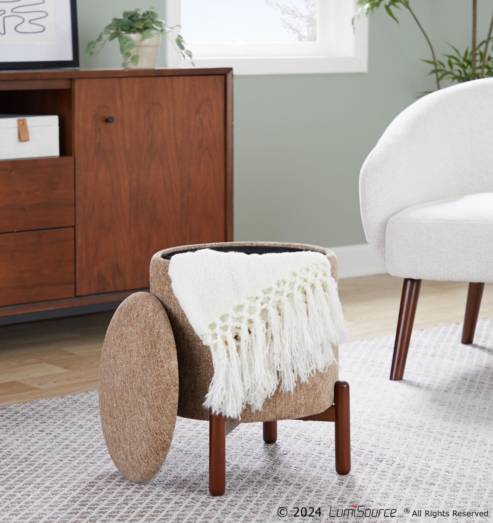 Daniella Brown Fabric Walnut Wood Contemporary Storage Ottoman 4 Daniella Brown Fabric Walnut Wood Contemporary Storage Ottoman - Image 4