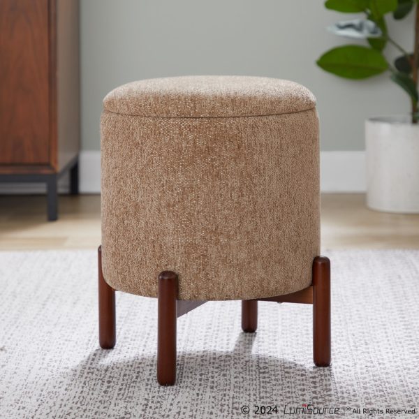 Daniella Brown Fabric Walnut Wood Contemporary Storage Ottoman 4