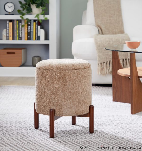 Daniella Brown Fabric Walnut Wood Contemporary Storage Ottoman