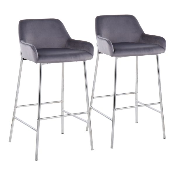Daniella Chrome Silver Velvet Contemporary Fixed Bar Stools Set of 2 1