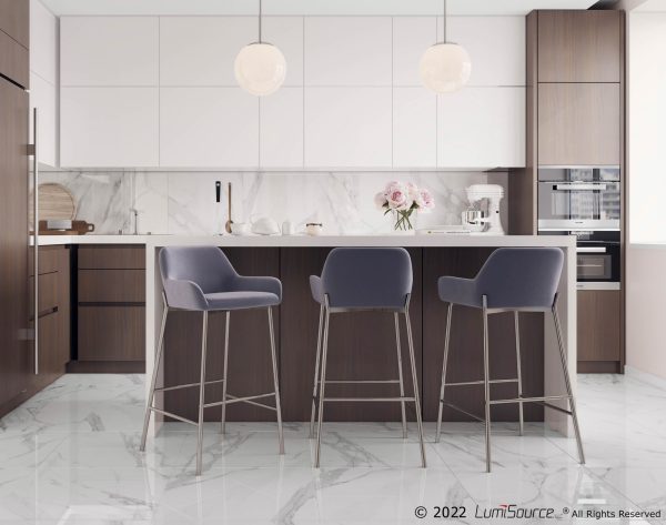 Daniella Chrome Silver Velvet Contemporary Fixed Bar Stools Set of 2