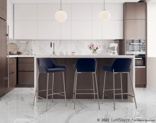 Daniella Chrome and Black Velvet Contemporary Bar Stools Set of 2
