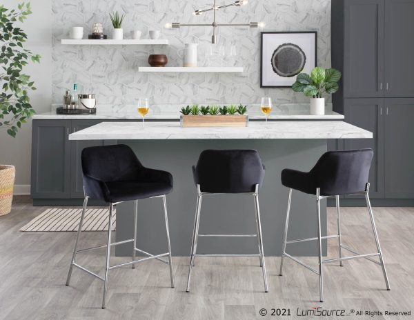 Daniella Chrome and Black Velvet Contemporary Counter Stools Set of 2 1