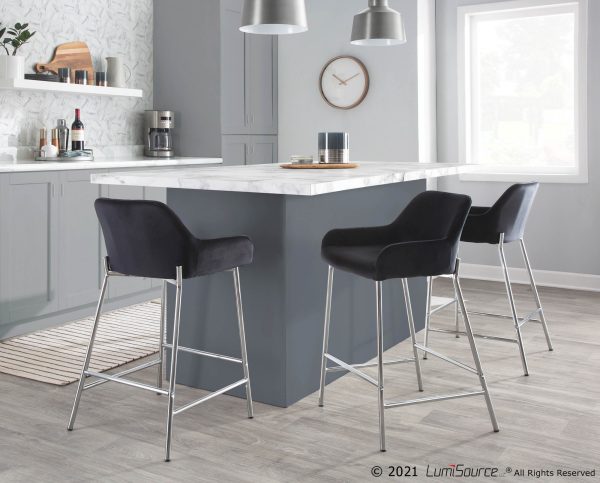Daniella Chrome and Black Velvet Contemporary Counter Stools Set of 2