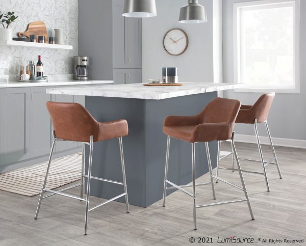 Daniella Chrome and Camel Contemporary Counter Stools Set of 2 1