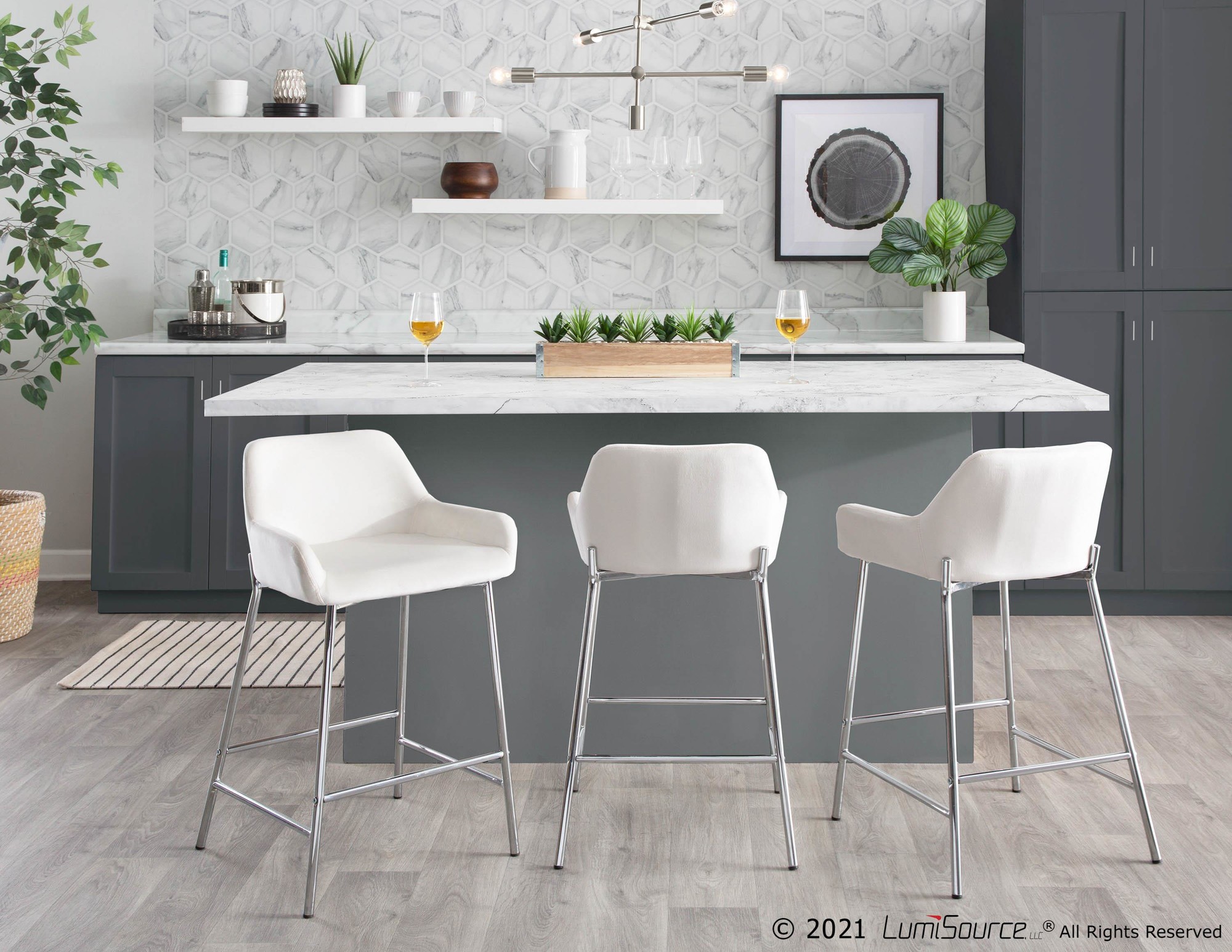 Daniella Chrome and White Velvet Contemporary Counter Stools (Set of 2) 1 Daniella Chrome and White Velvet Contemporary Counter Stools (Set of 2)
