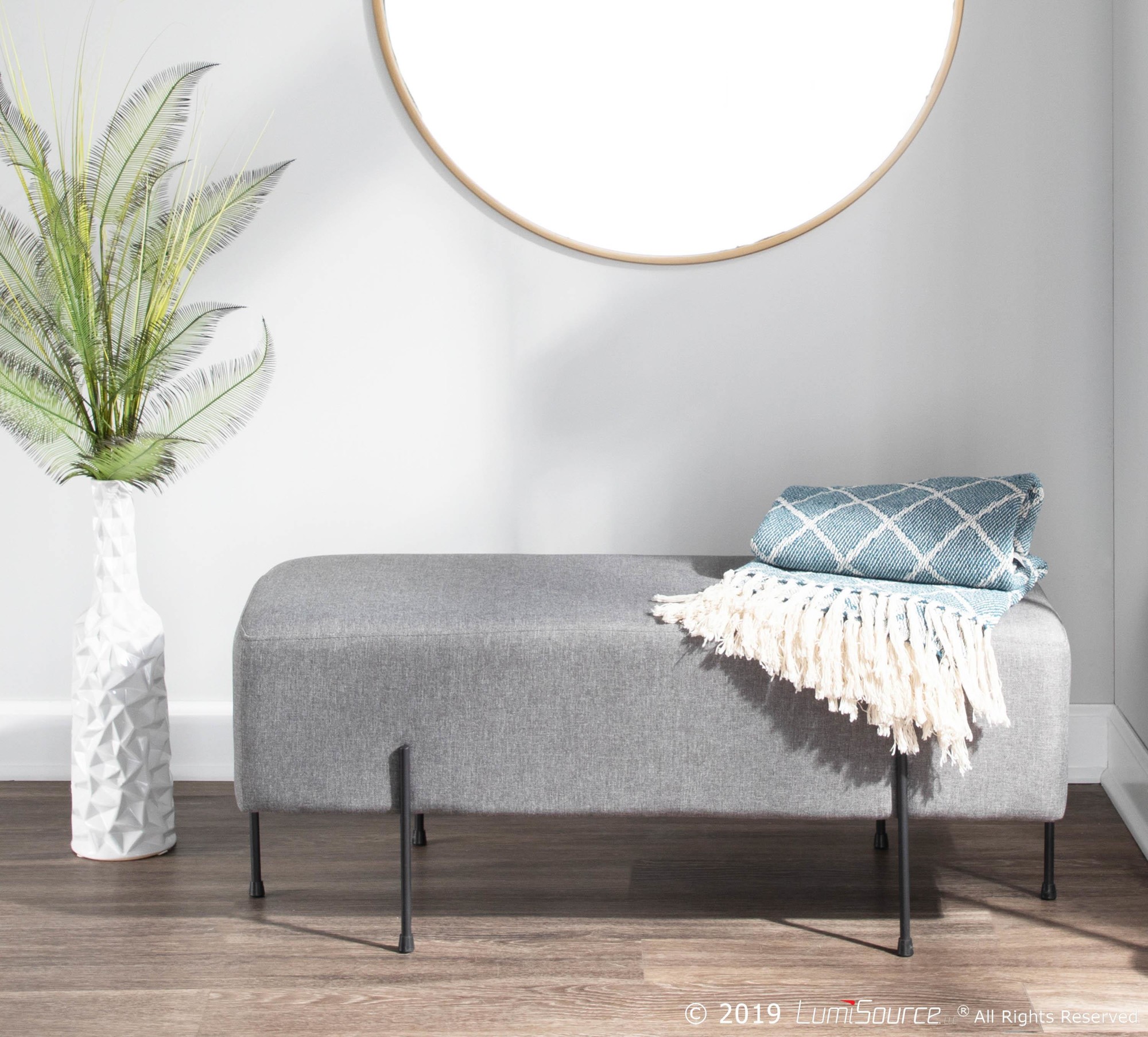 Daniella Contemporary Black Metal Grey Fabric Bench 1 Daniella Contemporary Black Metal Grey Fabric Bench