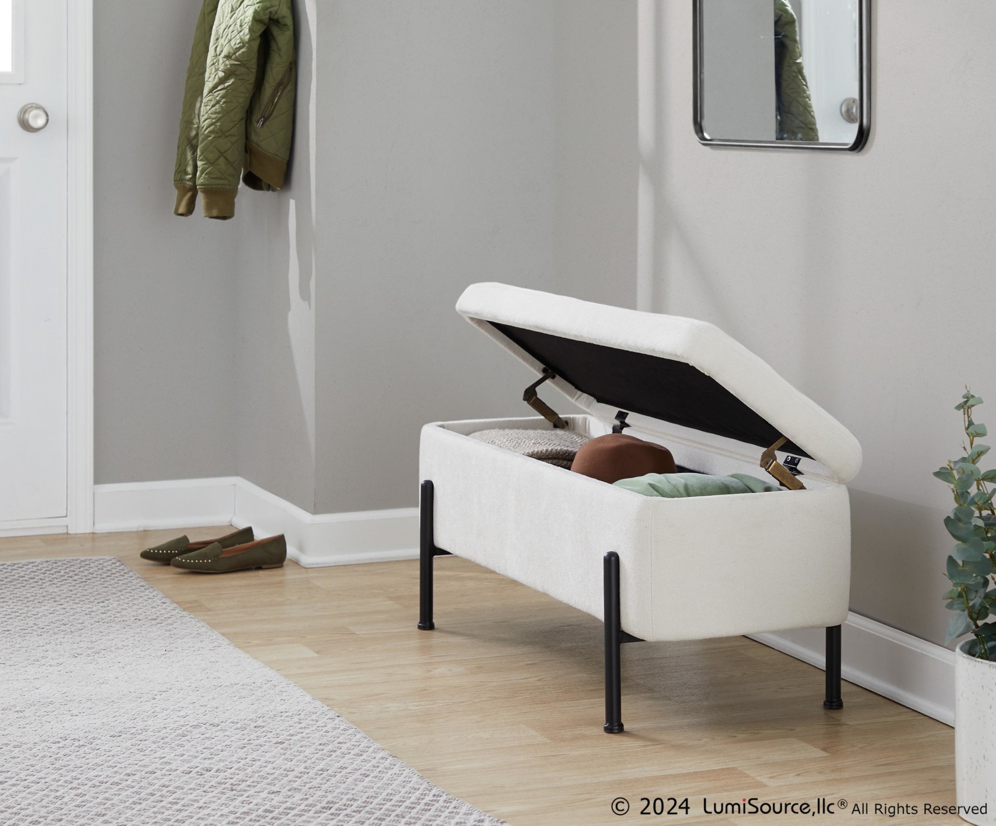 Daniella Contemporary Black Steel Cream Fabric Storage Bench 2 Daniella Contemporary Black Steel Cream Fabric Storage Bench - Image 2