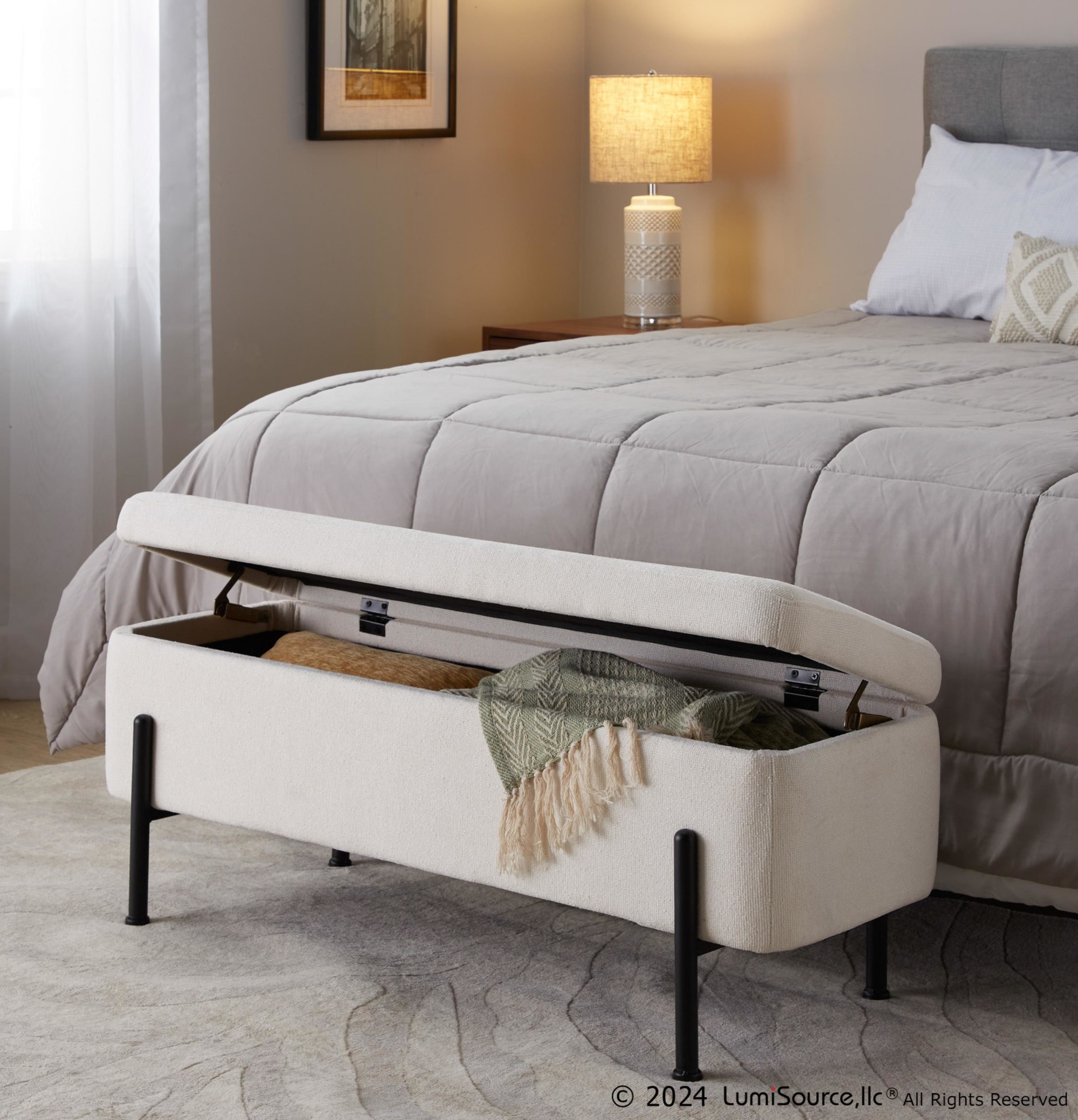 Daniella Contemporary Black Steel Cream Fabric Storage Bench 4 Daniella Contemporary Black Steel Cream Fabric Storage Bench - Image 4