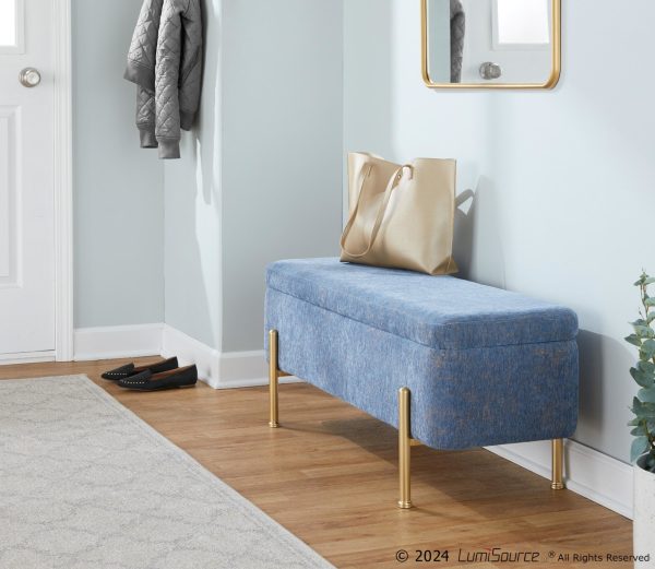 Daniella Contemporary Blue Fabric Storage Bench Gold Metal Legs 1