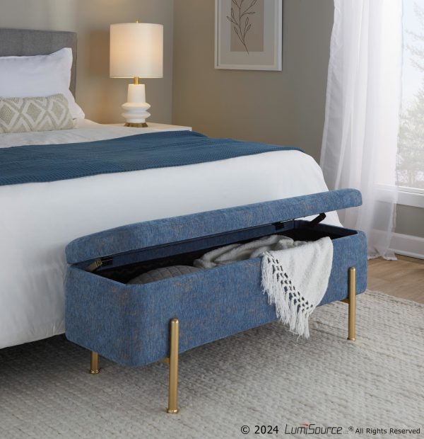 Daniella Contemporary Blue Fabric Storage Bench Gold Metal Legs 2
