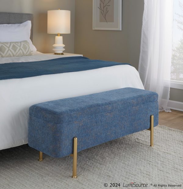 Daniella Contemporary Blue Fabric Storage Bench Gold Metal Legs 3