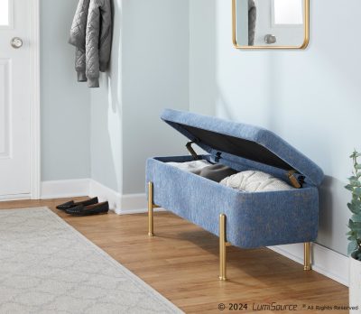 Daniella Contemporary Blue Fabric Storage Bench Gold Metal Legs