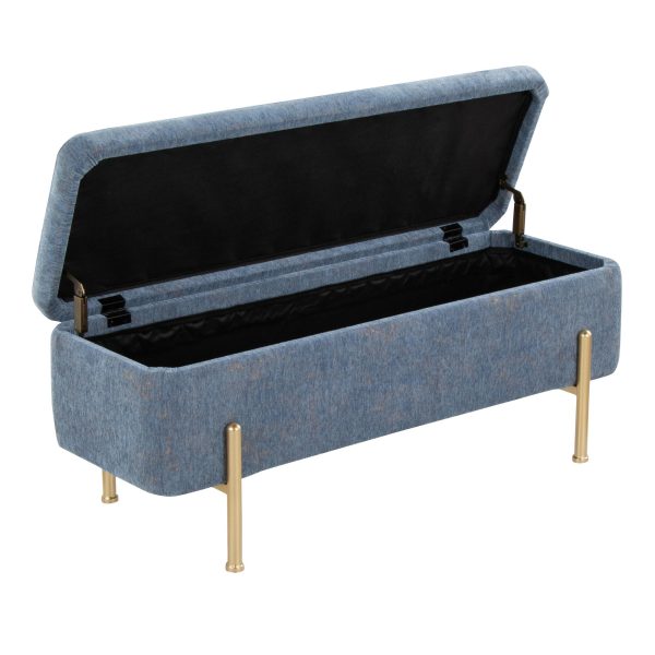 Daniella Contemporary Blue Fabric Storage Bench Gold Metal Legs 5