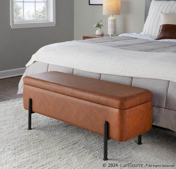 Daniella Contemporary Camel Faux Leather and Black Steel Storage Bench 1