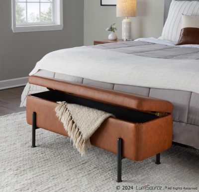 Daniella Contemporary Camel Faux Leather and Black Steel Storage Bench