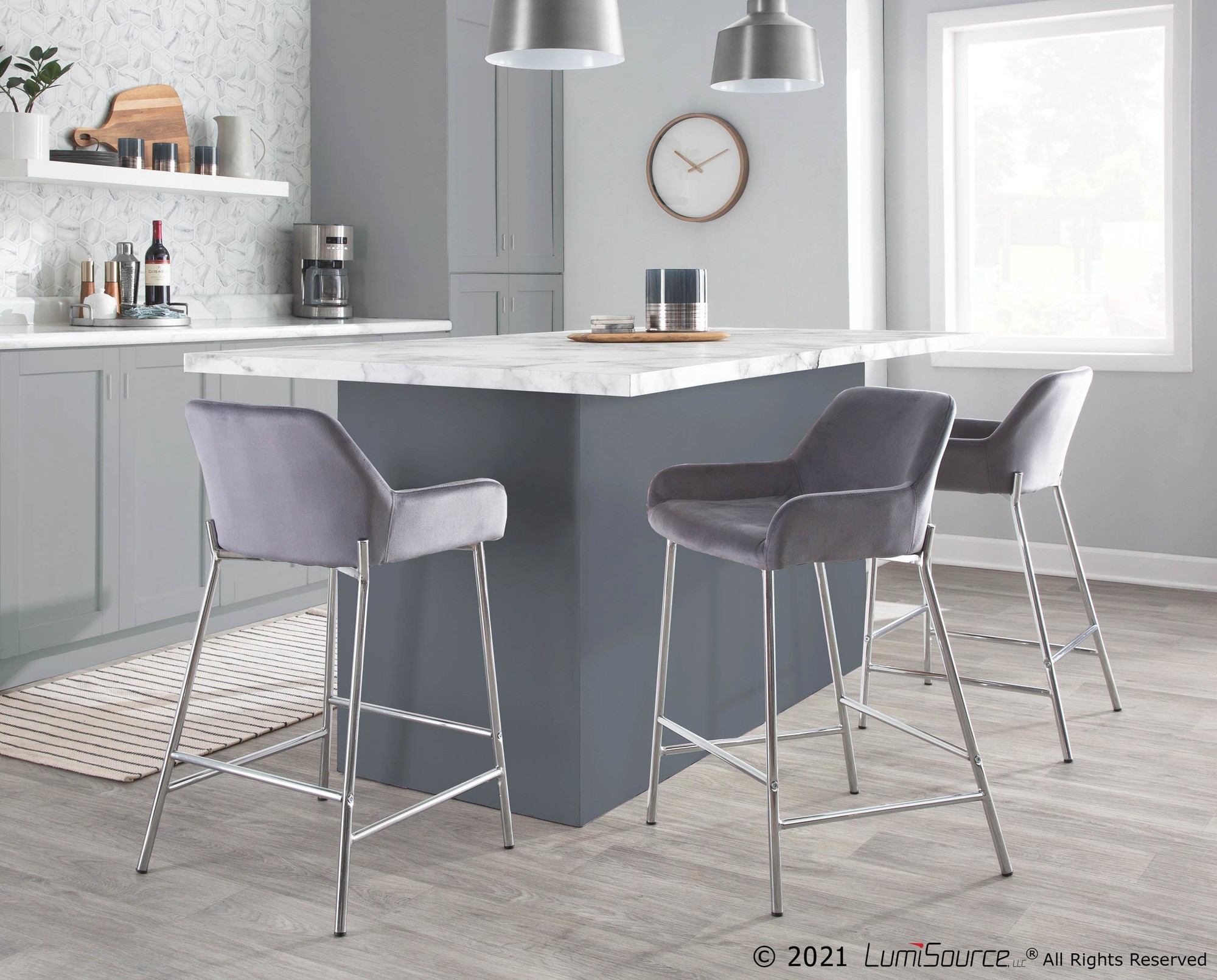 Daniella Contemporary Chrome and Silver Velvet Counter Stools (Set of 2) 2 Daniella Contemporary Chrome and Silver Velvet Counter Stools (Set of 2) - Image 2