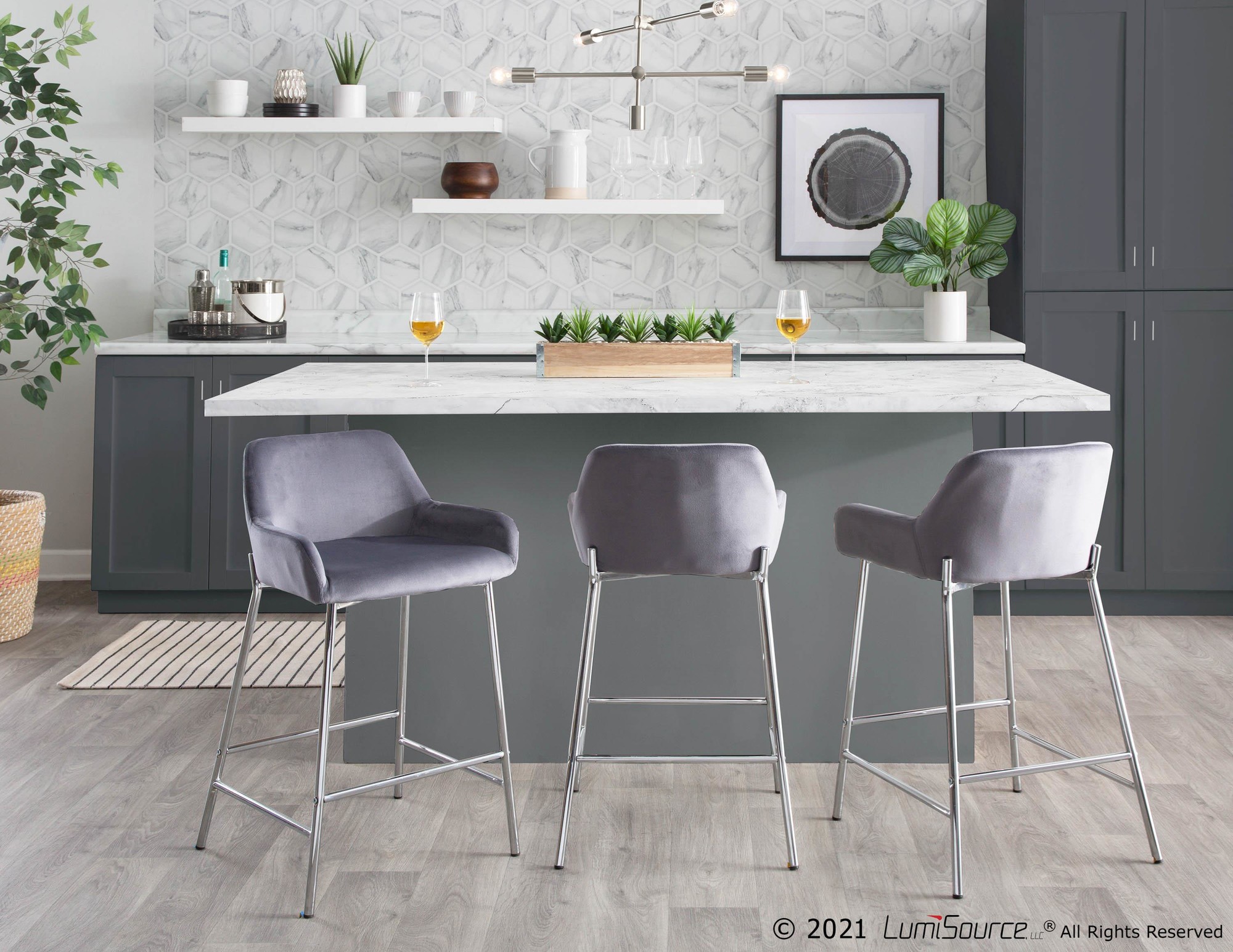 Daniella Contemporary Chrome and Silver Velvet Counter Stools (Set of 2) 1 Daniella Contemporary Chrome and Silver Velvet Counter Stools (Set of 2)