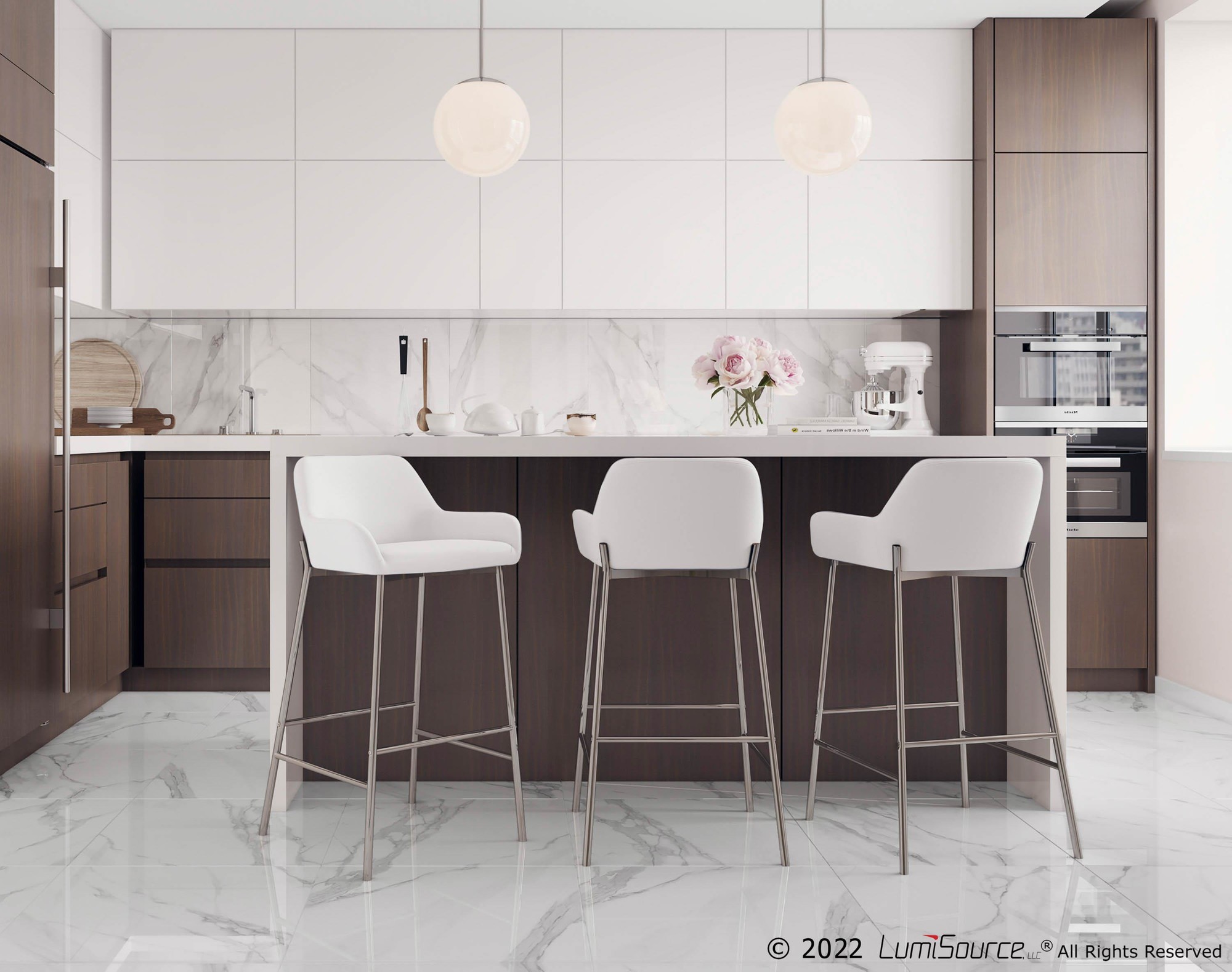 Daniella Contemporary Chrome and White Bar Stools (Set of 2) 1 Daniella Contemporary Chrome and White Bar Stools (Set of 2)