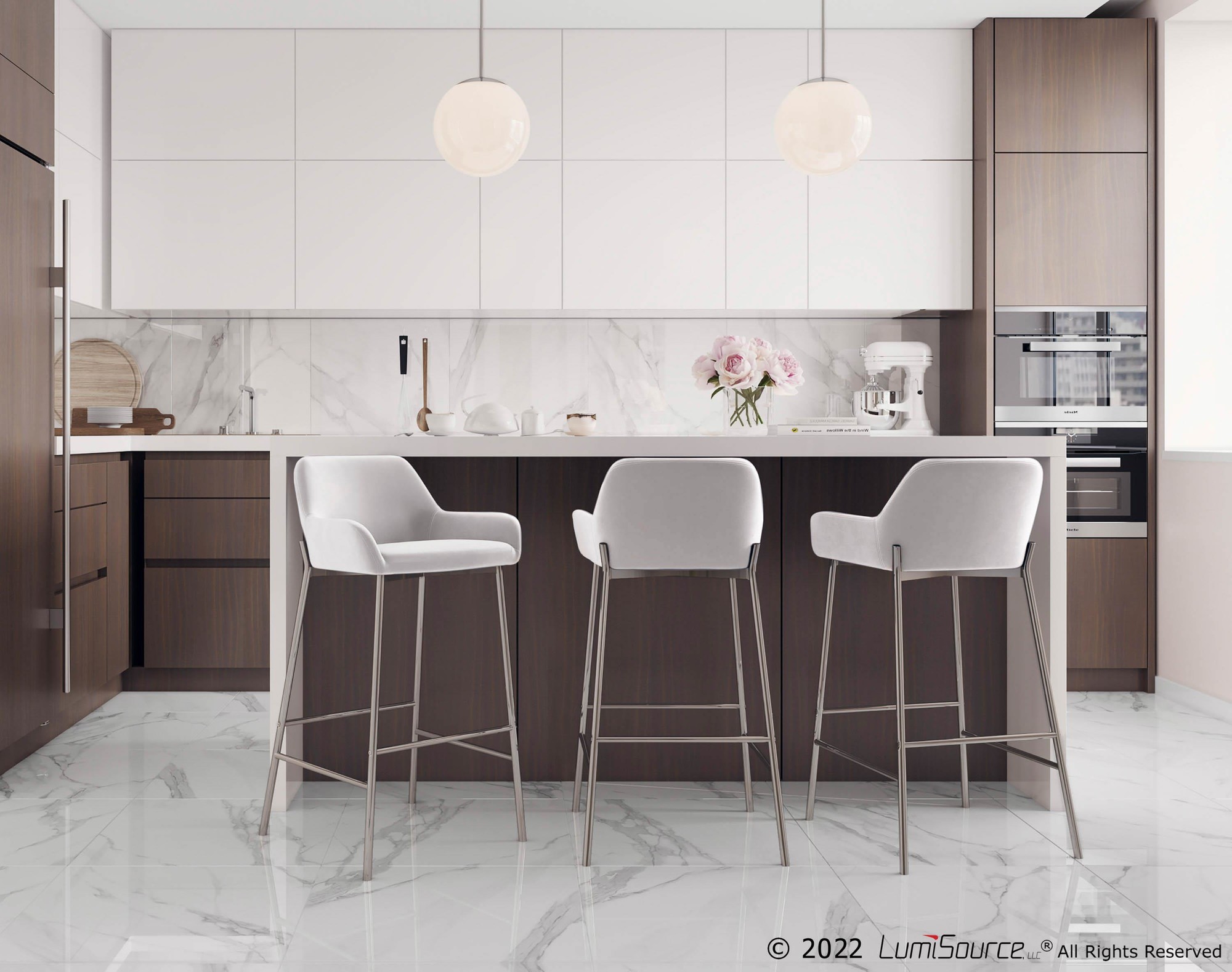 Daniella Contemporary Chrome and White Velvet Bar Stools (Set of 2) 1 Daniella Contemporary Chrome and White Velvet Bar Stools (Set of 2)