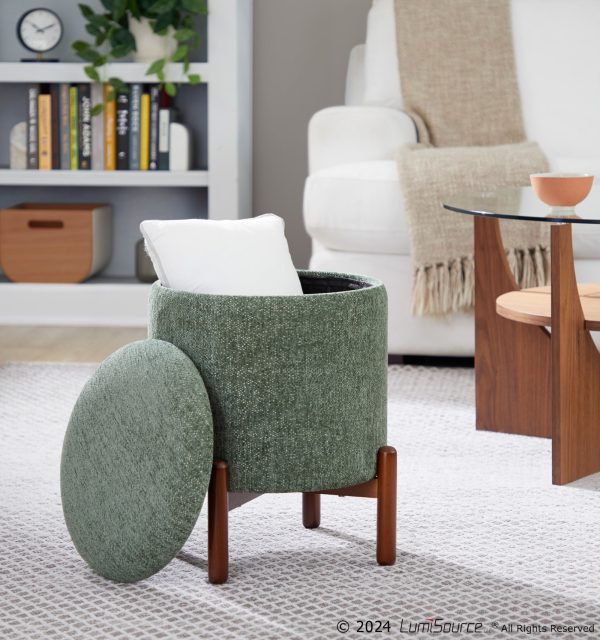 Daniella Contemporary Green Fabric Walnut Wood Storage Ottoman 1