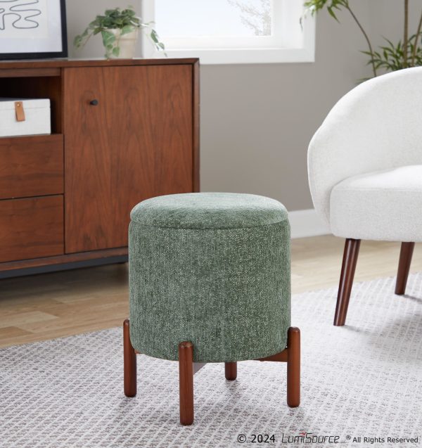 Daniella Contemporary Green Fabric Walnut Wood Storage Ottoman 2