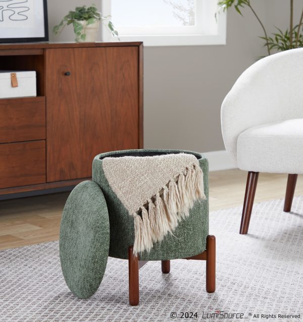 Daniella Contemporary Green Fabric Walnut Wood Storage Ottoman 3