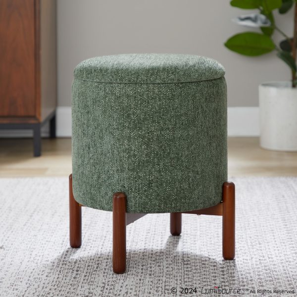 Daniella Contemporary Green Fabric Walnut Wood Storage Ottoman 4