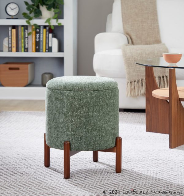 Daniella Contemporary Green Fabric Walnut Wood Storage Ottoman