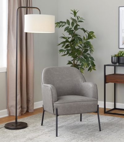 Daniella Contemporary Grey Faux Leather Accent Chair, Black Metal