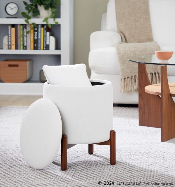 Daniella Contemporary Walnut Wood White Fabric Storage Ottoman 1