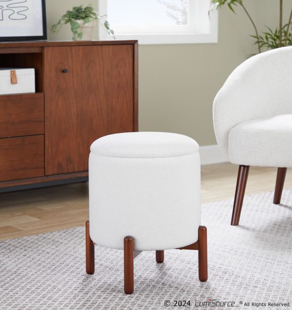 Daniella Contemporary Walnut Wood White Fabric Storage Ottoman 2