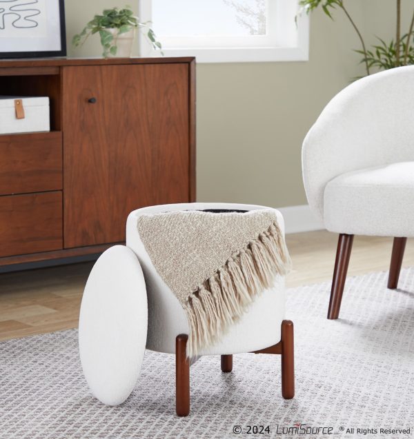 Daniella Contemporary Walnut Wood White Fabric Storage Ottoman 3