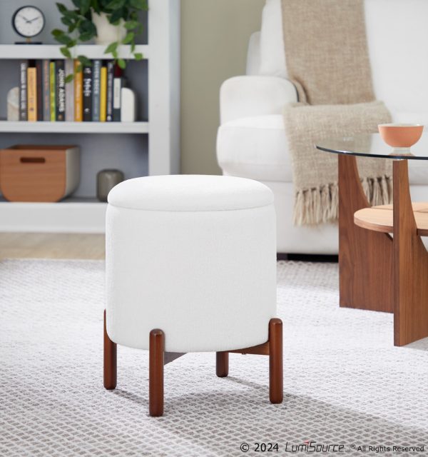 Daniella Contemporary Walnut Wood White Fabric Storage Ottoman