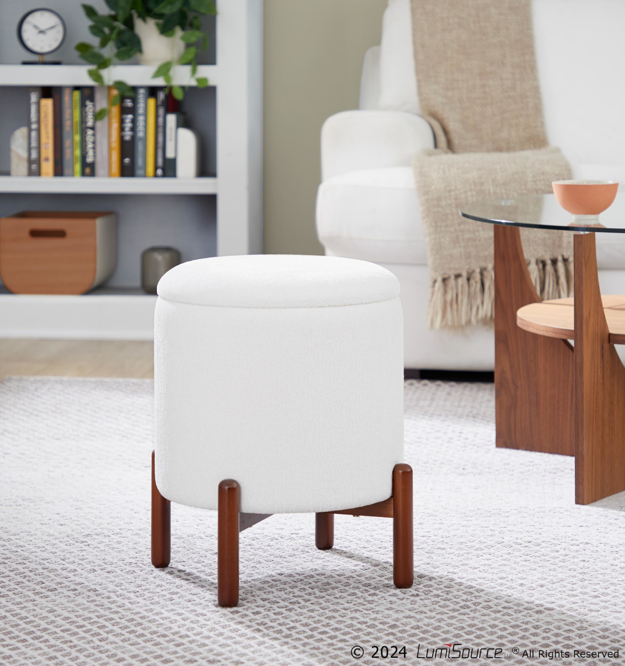 Daniella Contemporary Walnut Wood White Fabric Storage Ottoman 1 Daniella Contemporary Walnut Wood White Fabric Storage Ottoman