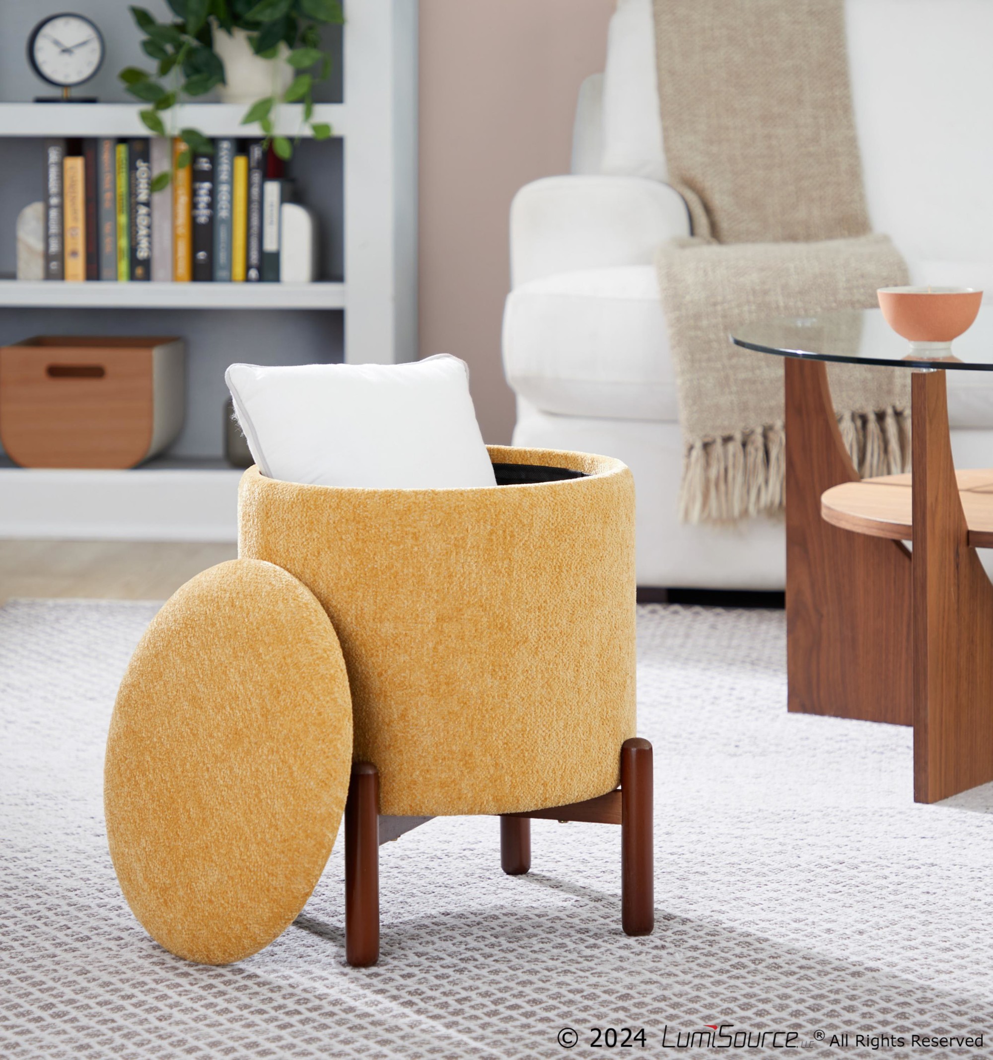 Daniella Contemporary Yellow Fabric Walnut Wood Storage Ottoman 2 Daniella Contemporary Yellow Fabric Walnut Wood Storage Ottoman - Image 2