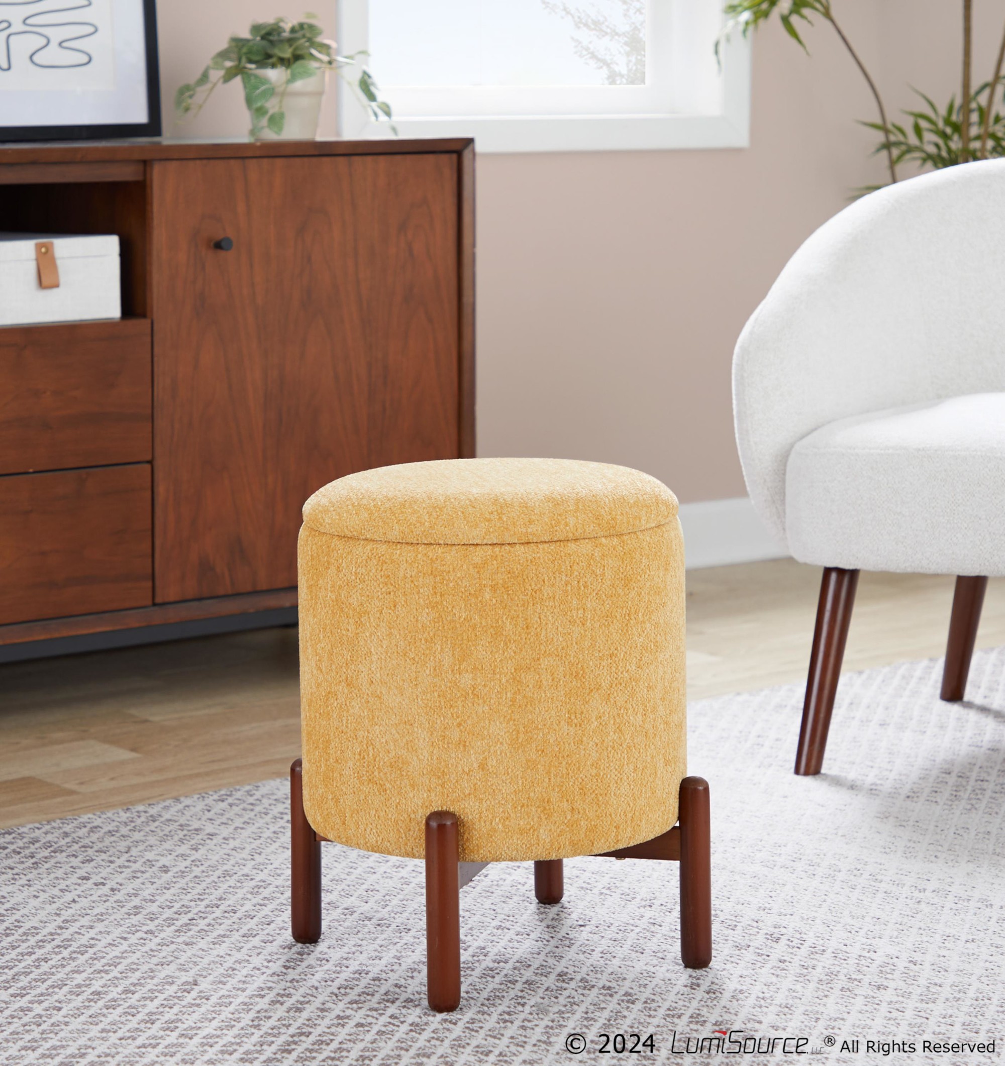 Daniella Contemporary Yellow Fabric Walnut Wood Storage Ottoman 3 Daniella Contemporary Yellow Fabric Walnut Wood Storage Ottoman - Image 3