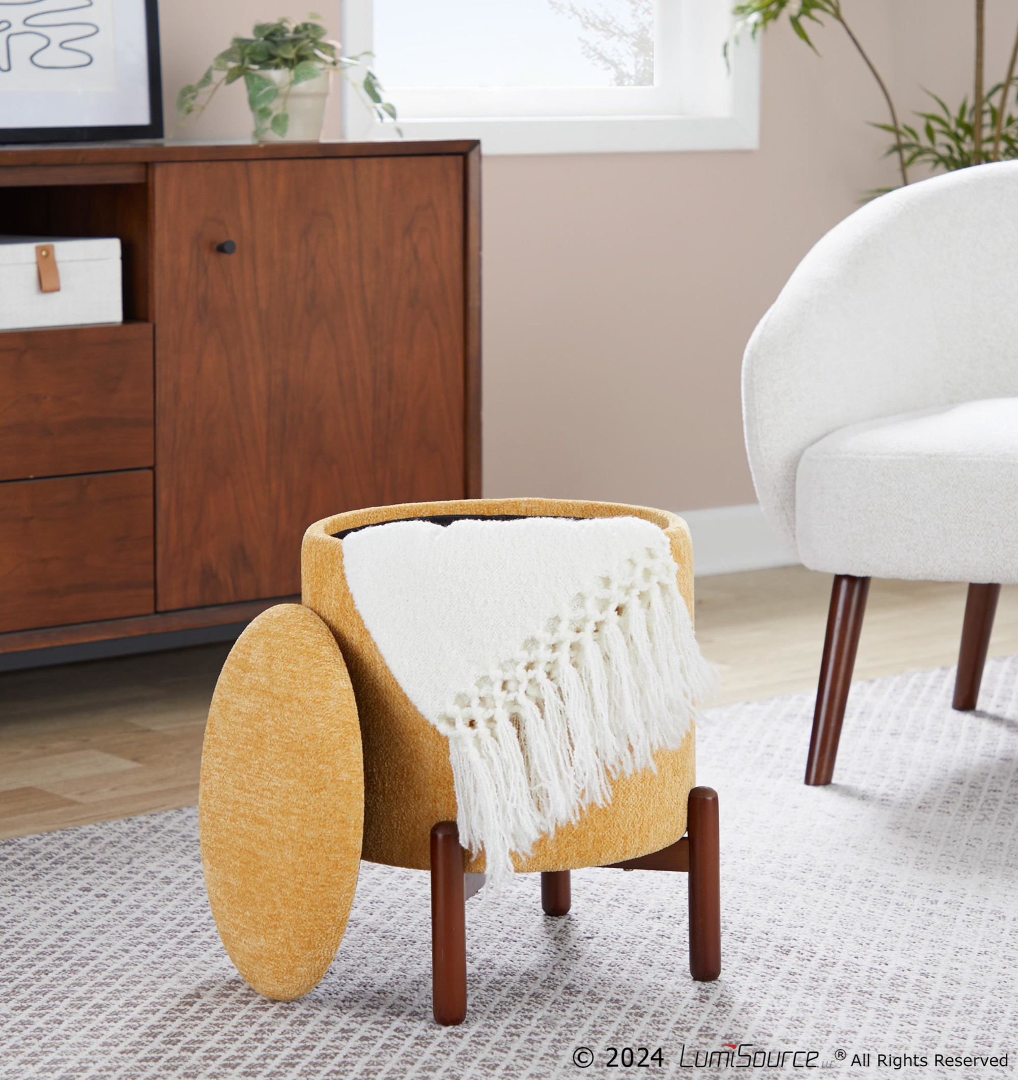 Daniella Contemporary Yellow Fabric Walnut Wood Storage Ottoman 4 Daniella Contemporary Yellow Fabric Walnut Wood Storage Ottoman - Image 4