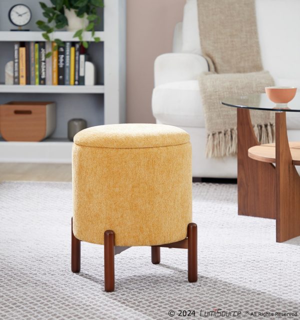 Daniella Contemporary Yellow Fabric Walnut Wood Storage Ottoman