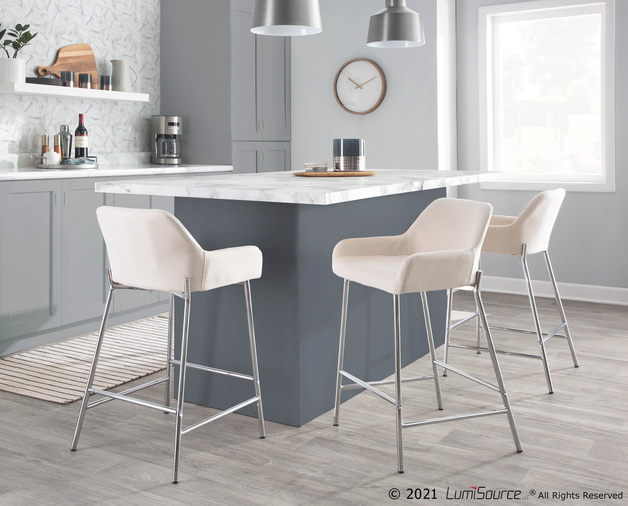 Daniella Cream Fabric Chrome Contemporary Counter Stool (Set of 2) 2 Daniella Cream Fabric Chrome Contemporary Counter Stool (Set of 2) - Image 2