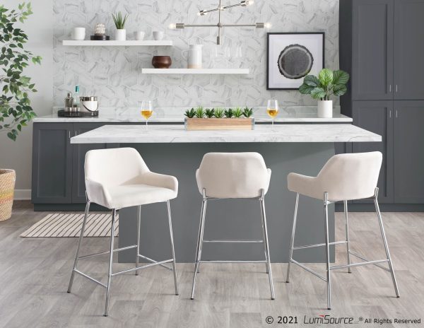 Daniella Cream Fabric Chrome Contemporary Counter Stool Set of 2